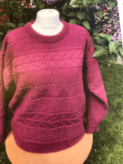 Wool Barge ready-made unisex gansey-style sweater in Roseberry topping purple-red British wool