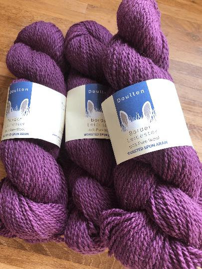 Hambleton Aran Yarn, purple-berry shade of rare breed, slaughter-free yarn